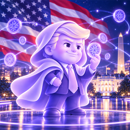VeilTrump in a lavender cloak before the White House, holding a glowing coin beneath an American flag